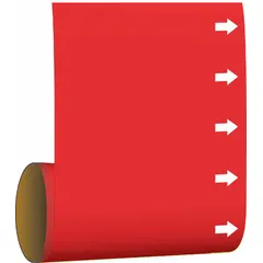 Blank adhesive pipe markers with red background and white legend text, suitable for custom labeling of industrial piping systems. Each marker fits pipe O.D. up to 2 inches and includes directional arrows. Pack of 30 markers for consistent identification on hazard or fire-service lines.