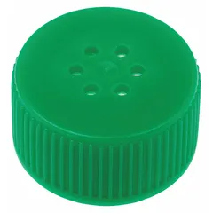 Green, high-density polyethylene (HDPE) screw-on cap with a 17-11 mm closure size. Unlined and designed for narrow-mouth containers. Suitable for sealing bottles or vessels in laboratory and industrial applications.