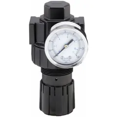 Zinc-bodied non-relieving air regulator with 1/2 in NPT connections. Adjustable outlet pressure range from 2 psi to 125 psi, flow capacity of 90 cfm, and maximum operating pressure of 125 psi. Used in pneumatic systems to control and stabilize downstream air pressure.