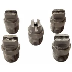 Threaded nozzle rated for 5,000 psi and 22.36 gpm, producing a fan spray pattern. Features a male connection. Sold in a pack of 5. Suitable for high-pressure cleaning applications such as industrial equipment washing and surface preparation.