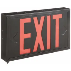LED exit sign with two faces, red lettering, and black housing. Includes nickel-cadmium battery backup for emergency operation. Universal field-selectable chevrons. For ceiling, end, or wall mounting. Operates on 120/277 V AC.