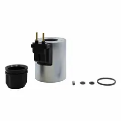 Replacement solenoid coil for manifold valves with DIN electrical connection. Operates at 12 VDC. Converts electrical energy into mechanical motion to control hydraulic or pneumatic flow in industrial fluid power systems.