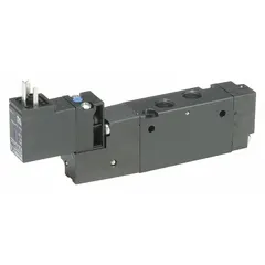 Three-way, two-position, normally closed, spring-return solenoid valve from the Parker B Series. Single solenoid with internal pilot actuation, DIN connector, and non-locking manual override. Operates on 110 to 120V AC. Used for controlling compressed air in pneumatic systems such as single-acting cylinders and pilot-operated valves.