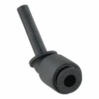 This nylon and nickel-plated brass elbow fitting connects two tubes of 1/8 in outside diameter at a 90-degree angle. It features push-to-connect ends for quick, secure installation without tools. Suitable for pneumatic systems and fluid handling applications requiring a compact, leak-resistant joint