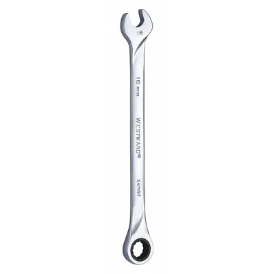 WESTWARD Combination Wrench: Alloy Steel, Chrome, 16 mm Head Size, 10 1/8 in Overall Lg - Metric 12-Point Ratcheting Combination Wrenches