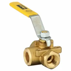 This three-way L-port ball valve is made of brass with a two-piece body design. It features a lever handle and female NPT threaded connections on all three ports. Used for diverting or mixing flow in plumbing and industrial piping systems.