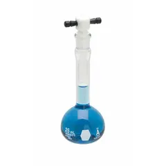This 2 mL glass volumetric flask features a conical shape and colorless body. It meets USP Type I specifications and has a tolerance of ±0.015 mL. The flask is compatible with stopper size 8 and includes a closure. Used for precise liquid measurement and dilution in analytical chemistry and quality control applications.
