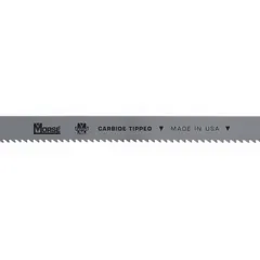Carbide band saw blade from the M-Factor GP series, 11 ft 6 in length and 3/4 in width. Features a raker/variable cutting edge design for reduced vibration and improved cut quality. Suitable for cutting stainless steel and hard alloys in industrial machining and fabrication applications.