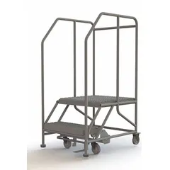 This manual-lock rolling platform features a 24 in x 24 in steel platform with a fixed height, supporting up to 800 lb. It includes handrails and a foot-activated step lock for secure positioning. Suitable for maintenance, assembly, and material handling tasks requiring elevated access in industrial environments.