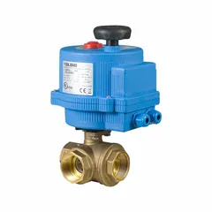 This three-way ball valve features a brass body with FNPT connections on all ports. It is electrically actuated for automated flow diversion or mixing in piping systems. The actuator operates on 100 to 240V AC and includes a manual override. An ISO 5211 mounting pad is provided for direct actuator installation.