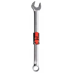 This SAE spline combination wrench is made from alloy steel with a satin finish. It has a 3/4 in head size and an 11 in overall length with an offset design. The wrench is tether-ready for tool control in elevated or confined workspaces. Typical applications include tightening and loosening fasteners in industrial maintenance and assembly.