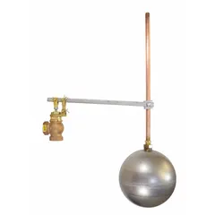 General service float and lever valve assembly for automatic water level control in tanks, reservoirs, and cooling towers. Features an angle valve body in bronze with FNPT connections for horizontal piping. Includes a cylindrical float and rod with 1/4" NPT thread and adjustable arm. Flow rate 30 gpm at 60 psi.