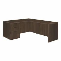 This double pedestal desk from REGENCY features a walnut particle board desktop and a neo walnut particle board frame. It includes one pedestal with three drawers for storage and a modesty panel. Suitable for office or home workspace use.