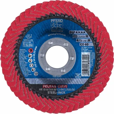 PFERD Flap Disc: Radial, 4-1/2" x 7/8", Ceramic, 60 Grit, Fiberglass Bk, Std Density - Cool-Cutting Flap Discs for Carbon & Stainless Steel