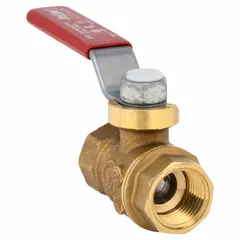 This manual two-way ball valve features a 3/8 in brass body with full port ball port and straight female iron pipe (FIP) connections on both ends. It is equipped with a lever handle and a forged brass stem for reliable on/off flow control. Commonly used in plumbing, HVAC, and process piping systems for water, oil, and gas applications.