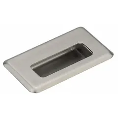 Rectangular recessed pull handle made of stainless steel with a satin silver finish. Features threaded holes for mounting. Overall length 3.8 inches. Suitable for flush-mount applications on cabinets, panels, and enclosures.