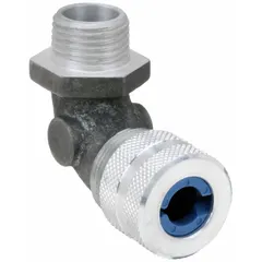 This 90° metallic cable grip connects liquid-tight flexible metal conduit or cord to a box with a 1/2 in MNPT thread. It accepts cord diameters from 0.38 in to 0.50 in and features a silver aluminum body with a blue color-coded grommet. Rated IP66 and Class II, Division 1 & 2 for hazardous locations, it is suitable for industrial environments where sealing against dust and moisture is required.