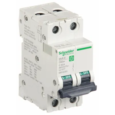 SCHNEIDER Supplementary Protector: 63 A Amps, 10kA at 240V AC, Screw Clamp, C60SP - C-Curve, 2-Pole UL1077 DIN Rail-Mount Supplementary Protectors