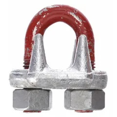 This forged steel U-bolt clip is used to form an eye or loop at the end of a wire rope for termination in lifting, rigging, and towing applications. It accommodates a 1/8 in rope diameter with a 3 1/4 in turnback length. The red finish is applied for corrosion resistance.