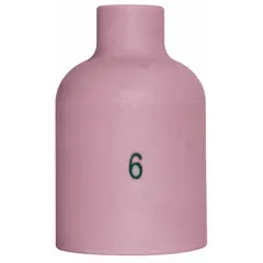 This large-diameter gas lens nozzle is made of alumina and is designated as No. 6 standard. It is used in TIG welding to improve shielding gas coverage and reduce turbulence. Supplied in a pack of 10.