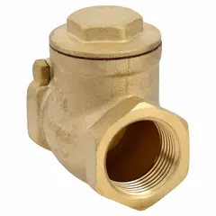 This brass inline swing check valve features a swing-type disc and FNPT x FNPT connections. It is used in piping systems to prevent backflow, protecting pumps and equipment in water, oil, and gas applications. The 3/4 in pipe size and inline valve body design allow for straightforward installation in industrial fluid handling systems.