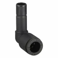 This push-to-connect elbow fitting connects 1/4 in OD and 3/8 in OD tubing in pneumatic and fluid-handling systems. Constructed of nylon and nickel-plated brass, it provides a secure, leak-free joint without tools. Suitable for use in automation, packaging, and industrial control panels. Sold in a 10-pack