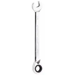 This SAE 12-point ratcheting combination wrench features a 7/16 in head size and a 6 1/2 in overall length. Constructed from alloy steel with a chrome finish, it has an offset design and a ratcheting box end. Suitable for tightening or loosening fasteners in confined spaces.