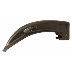 Disposable stainless steel MacIntosh laryngoscope blade, size 3, with standard LED bulb. Silver finish, overall length 5 1/4 in, width 7/8 in. Used for airway management during intubation; curved design lifts the epiglottis for vocal-cord visualization.