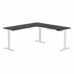 Electric adjustable-height desk with a black wood top and steel frame. Overall dimensions: 72 in width by 72 in depth. Maximum desktop height: 45 1/2 in. Suitable for ergonomic workstations in office, industrial, and technical environments.