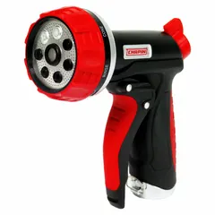 This pistol-grip nozzle features a front trigger design and offers 7 adjustable spray patterns. Constructed from poly/metal materials, it is rated for a maximum temperature of 100°F. Suitable for general watering, cleaning, and rinsing tasks in outdoor and light industrial settings.