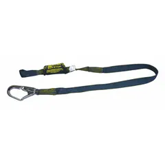 Arc-flash rated shock-absorbing lanyard with steel snap hook and Kevlar web loop. Features a visual load indicator. Constructed from Kevlar material in black. Used for fall protection in environments with arc-flash hazards.
