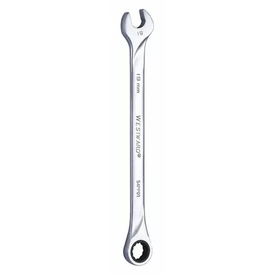 WESTWARD Combination Wrench: Alloy Steel, Chrome, 19 mm Head Size, 12 in Overall Lg - Metric 12-Point Ratcheting Combination Wrenches