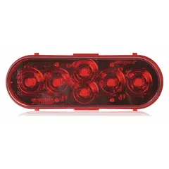Red oval LED stop light with grommet mount and permanent installation. Features a PL-3 connector and is DOT compliant. Overall height 2 3/16 in, overall width 6 3/8 in. Used for brake, turn, and tail lighting on trailers, trucks, and heavy equipment.