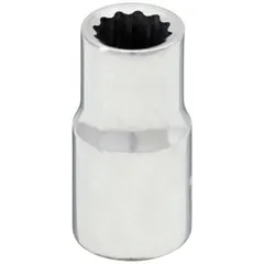 This 1/4" drive hand socket has a 4 mm socket size and a 12-point standard configuration. It is made of chrome and has an overall length of 1 inch. Used for tightening or loosening metric fasteners in automotive repair, machinery assembly, and general maintenance.