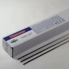 Nickel alloy 82 TIG welding rods, ERNiCr-3 classification, 1/16 in diameter by 36 in length, 10 lb package. As-welded tensile strength 80 ksi, yield strength 52 ksi. Used for joining nickel alloys, stainless steels, and dissimilar metals in fabrication and repair.