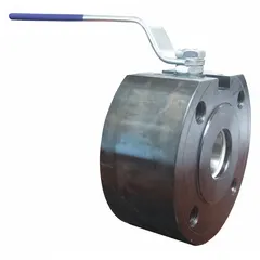 This BONOMI ball valve features a one-piece A105 carbon steel body with Class 150 flanges and a 1-1/4 in connection. The wafer-style design allows compact installation between flanges, and the locking lever handle provides manual on/off flow control. Suitable for moderate-pressure applications in industrial piping systems handling water, oil, gas, or steam.
