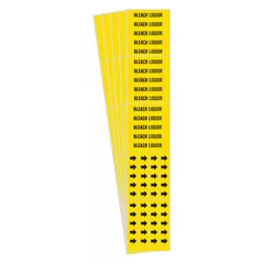 Yellow adhesive pipe markers with black legend text reading 'Bleach Liquor' and directional arrows. Each pack contains 3 markers, fitting pipes with an outer diameter of 3/4 inch or smaller. Used to identify pipes carrying bleach liquor in industrial piping systems.