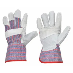 Full-finger work gloves with a cowhide palm, cotton back in blue/red, and a cotton/polyester liner. Features a safety cuff and wing thumb. Suitable for general material handling, assembly, and light construction tasks. Not oil-resistant.