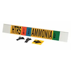 Ammonia fiberglass carrier mounted with strapping pipe marker for liquid/vapor phase, low pressure level, fitting pipe outside diameter 8 inches and larger. Includes arrows to indicate flow direction. Suitable for labeling ammonia piping systems in industrial refrigeration and process plant applications.