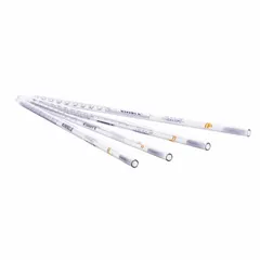 This sterile serological pipette is made from borosilicate glass and features a 1 mL capacity with 0.01 mL graduation increments. It is individually wrapped to maintain sterility and is designed for precise liquid measurement and transfer in laboratory applications such as cell culture and microbiology.