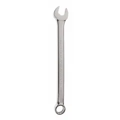This SAE 12-point combination wrench features a 2-inch head size and a 28-inch overall length. The offset head design provides clearance for fasteners in recessed or confined areas. The satin finish resists corrosion. Typical applications include heavy equipment assembly, plant maintenance, and industrial repair work.