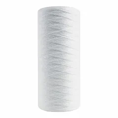 This string-wound water filter cartridge uses polypropylene filter media to remove sediment particles down to 10 microns. With a flow capacity of 15 gpm, it is commonly used for pre-filtration in industrial water systems, such as process water and cooling tower applications.