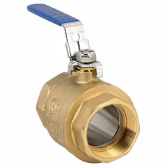 This two-way brass ball valve features a straight body with female NPT threads on both ends. It is equipped with a locking lever handle for secure on/off flow control. Rated for a maximum cold working pressure of 600 psi, it is suitable for use in industrial piping systems handling water, oil, or gas.