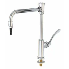 Single-post laboratory faucet for cold water media. Constructed of brass with a chrome finish. Features one handle, one outlet, an inline flow pattern, and an IPS inlet connection. The green index with CW marking indicates cold water service.