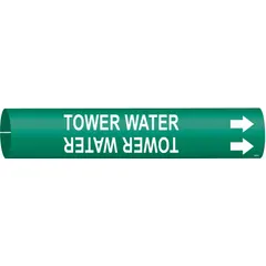 This snap-on pipe marker identifies tower water lines in piping systems. It features a green background with white legend and directional arrows, fitting pipe outer diameters from 1-1/2 to 2-3/8 inches. Supplied as a single marker for use in industrial facilities.