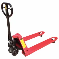 This Dayton pallet jack features 48-inch long by 27-inch wide steel forks with a 15-inch width between forks. It is hand-operated and designed for lifting and moving palletized loads in warehouses, distribution centers, and manufacturing facilities.