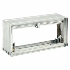 Rectangular fire damper with curtain blade and spring closure, designed for horizontal mounting. Dynamic-rated for use in HVAC ductwork to restrict flame and smoke spread. Galvanized steel construction. Dimensions: 11-3/4 in width, 5-3/4 in height, 3-3/4 in length.