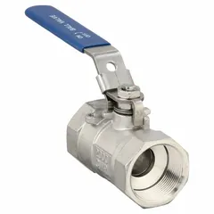 This 316 stainless steel ball valve features a straight body with 1 1/2 inch FNPT x FNPT connections and a locking lever handle for manual on/off flow control. Suitable for use in industrial piping systems handling water, oil, or gas where corrosion resistance and secure operation are required.