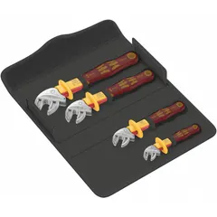 Steel, satin chrome finish. VDE-insulated for electrical safety. Includes four wrenches with jaw capacities of 1/2 in, 3/4 in, 3/8 in, and 5/8 in. Overall length range from 4-11/16 in to 8-7/8 in. Suitable for work on live circuits in electrical and industrial maintenance.