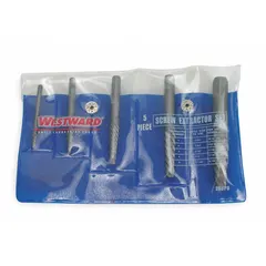 This 5-piece spiral-flute extractor set includes sizes #1, #2, #3, #4, and #5, with a capacity of #8 to 3/4 in. Designed for removing broken or stripped screws from metal, wood, or plastic. Suitable for maintenance and repair tasks where damaged fasteners must be extracted without damaging the workpiece.